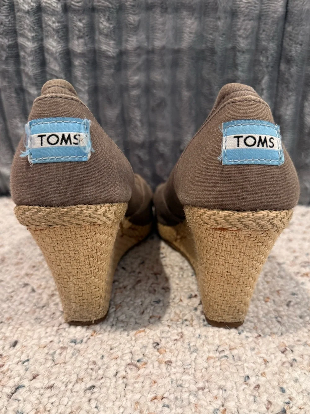 TOMS Taupe Canvas Peep-Toe Espadrille Wedges Size 8